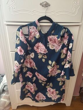 Teal Floral Cold-Shoulder Sleeveless Dress